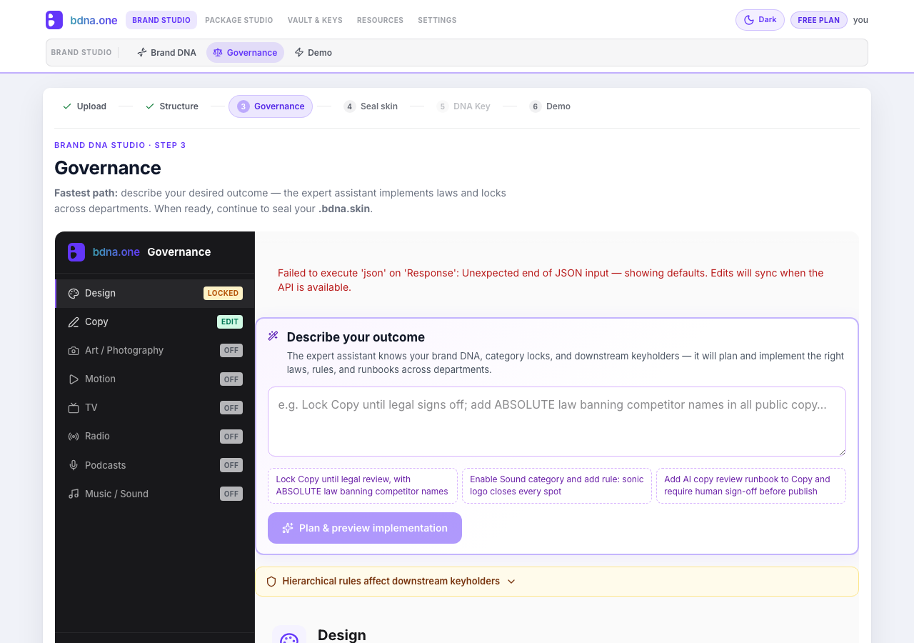 Brand Studio — Governance workspace with laws, rulebooks, and department locks
